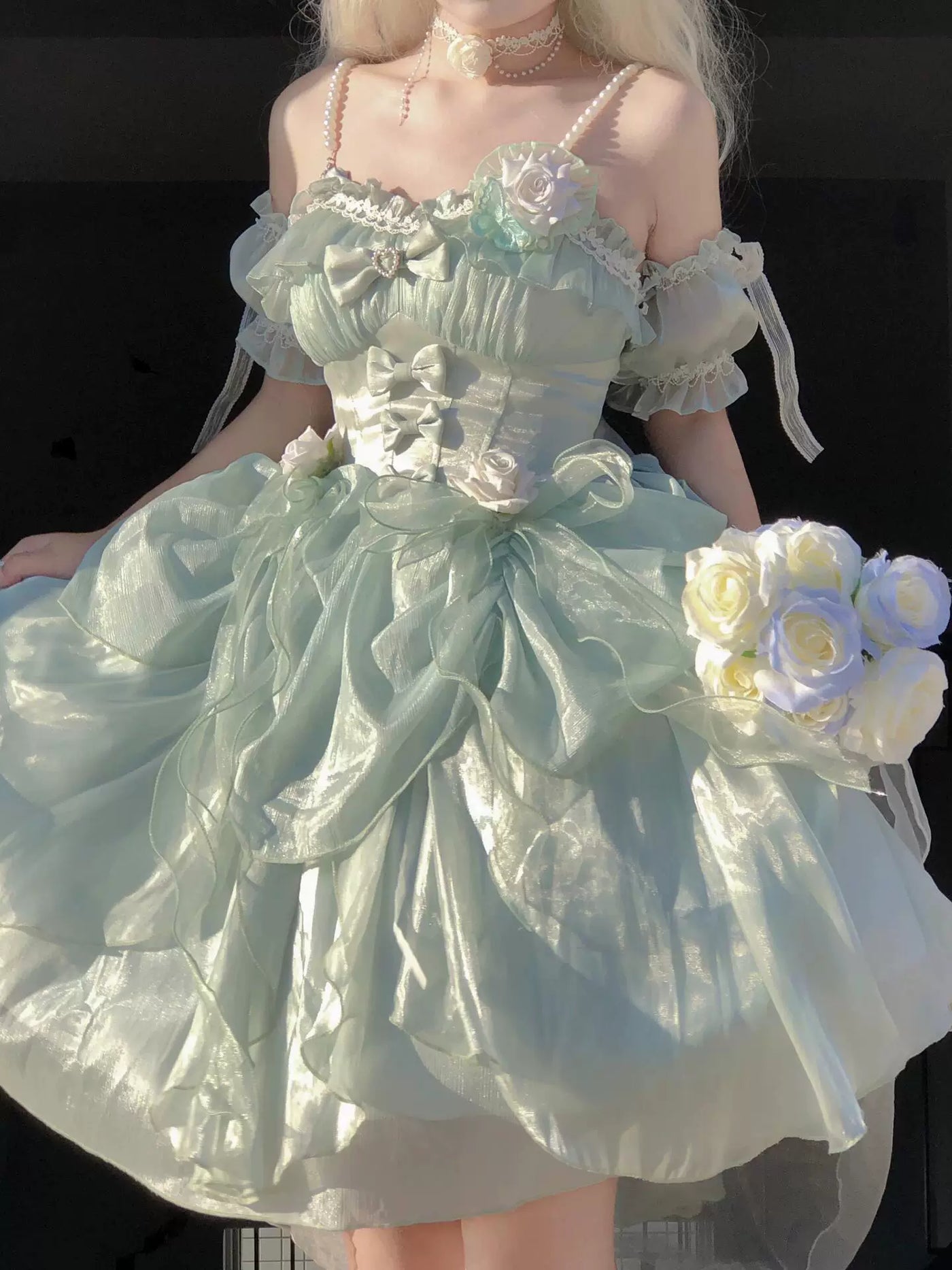 Creamy - Mint Garden Romance - Green JSK with Layered Ruffles and Floral Appliqués