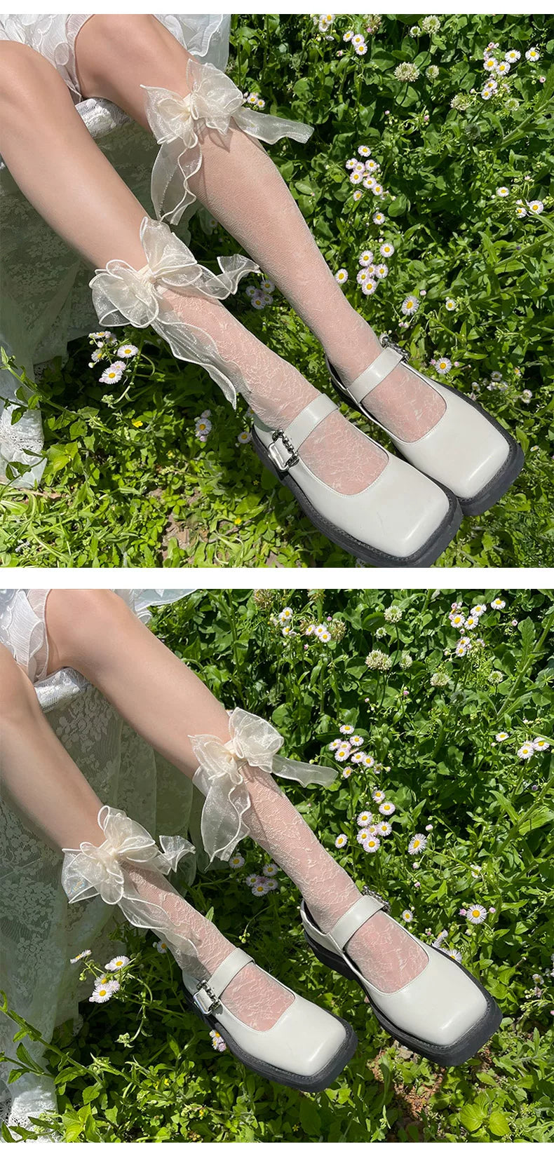 Sock Noble - Garden Ribbon - Mid-Calf Socks with a Floral Pattern and Sheer Bows