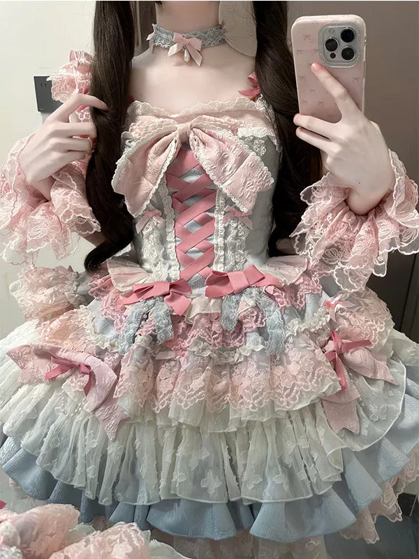 Creamy - Blue-Pink Ballet - JSK with Layered Ruffles and Bow Details
