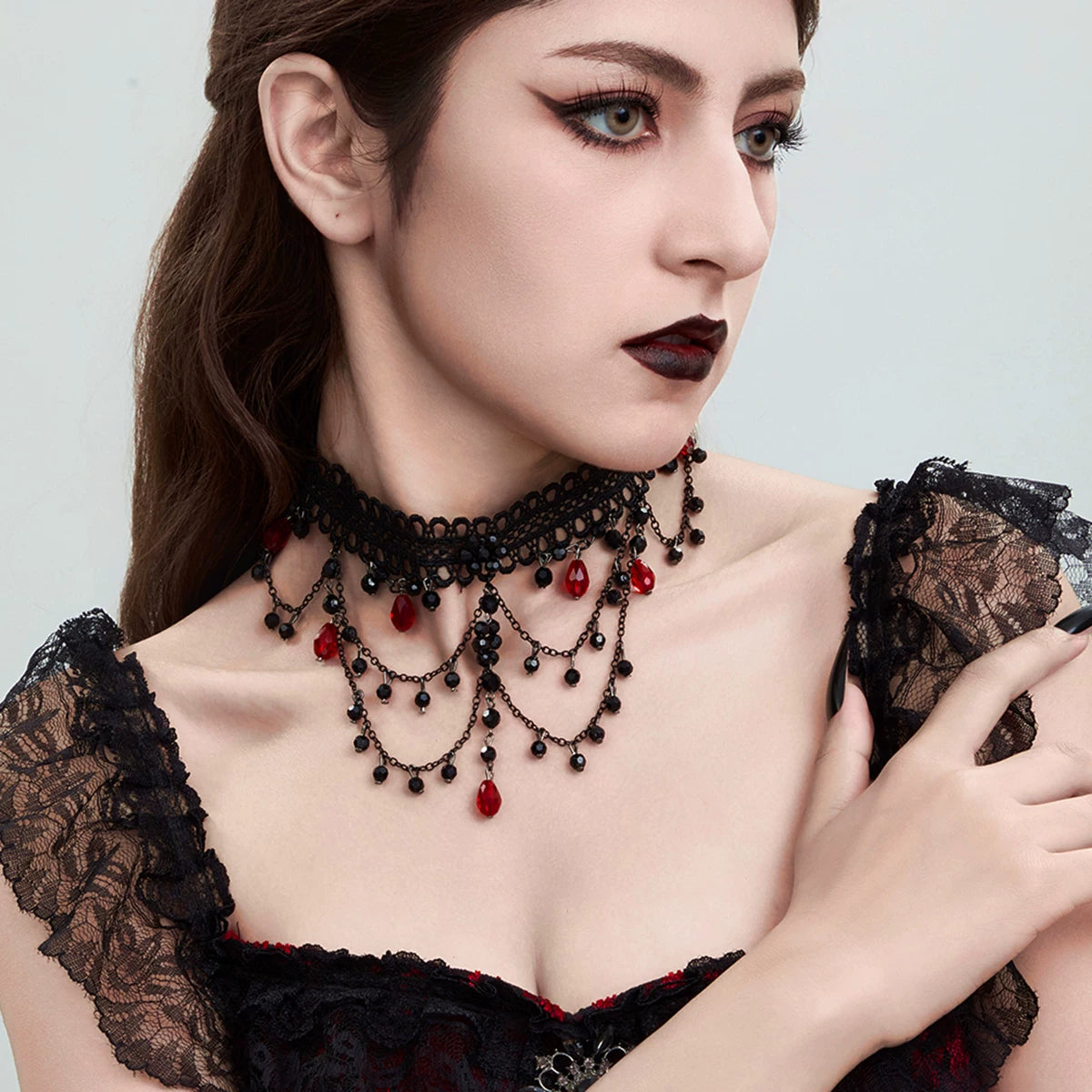 Independent Brand - Crystal Fringe - Black Lace Choker Necklace with Red Crystal Drops