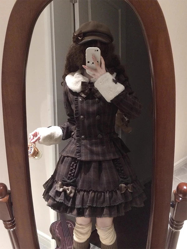 Creamy - Vintage Plaid Academy - Plaid Lolita Fashion Set with a Bow and Tiered Skirt