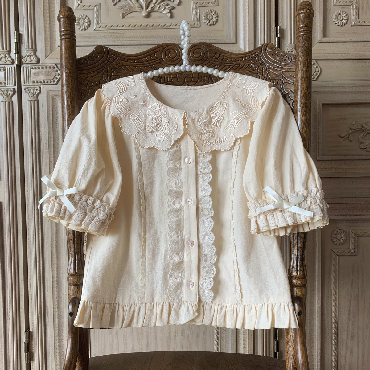 Flower Banquet - Bunny Embroidery - Kawaii Lolita cotton blouse with a doll-like collar - product detail 7