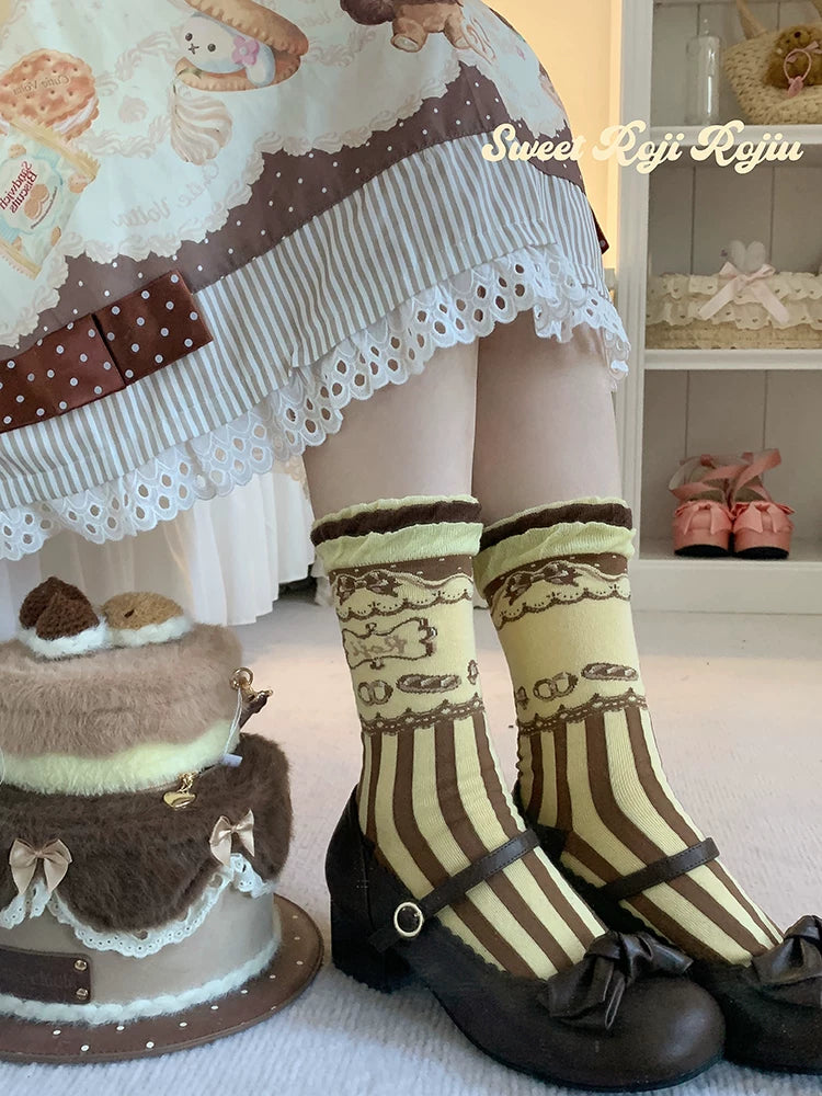 Pink Brown pure cotton Lolita stacked socks