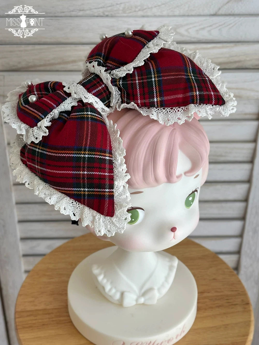 Miss Point - Plaid Petal Bunny - Old School Lolita Bunny Ear Headdress, Bear Ear Apron