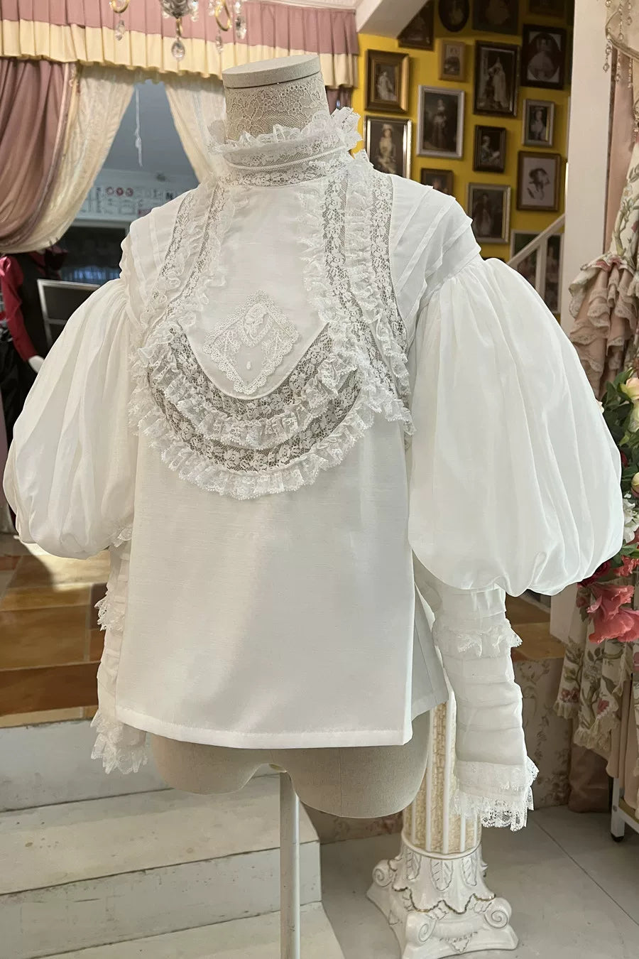 Black LACE GARDEN Victorian Lolita blouse with lace-trimmed high collar and bishop sleeves