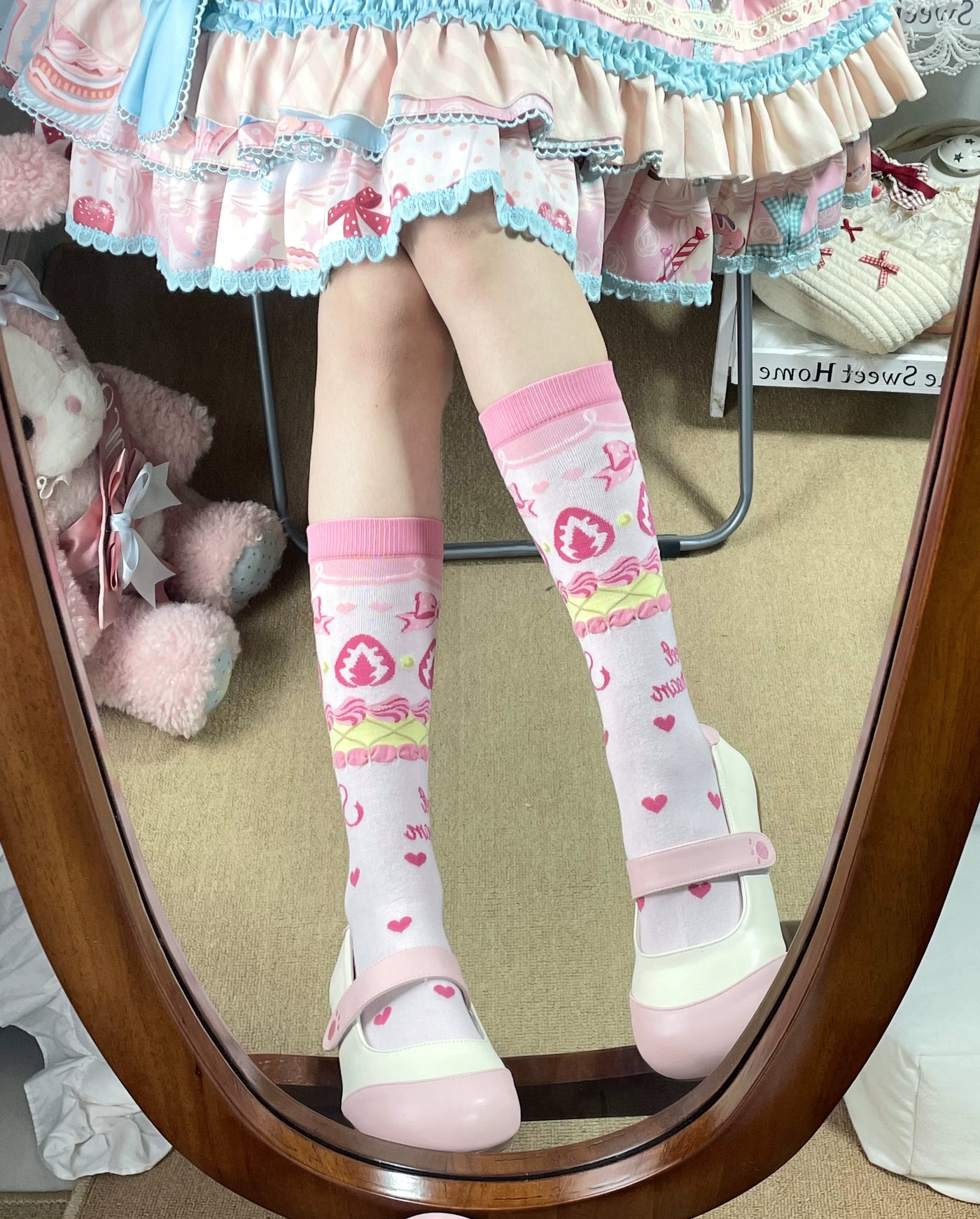Fantasy Doll - Bear and Strawberry - Combed-Cotton Mid-Calf Socks with Printed Motifs