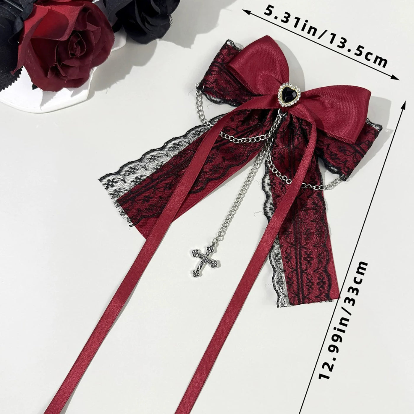 Independent Brand - Cross Chain Bow - Pin or Hair Clip with Lace Trim and Cross Charm