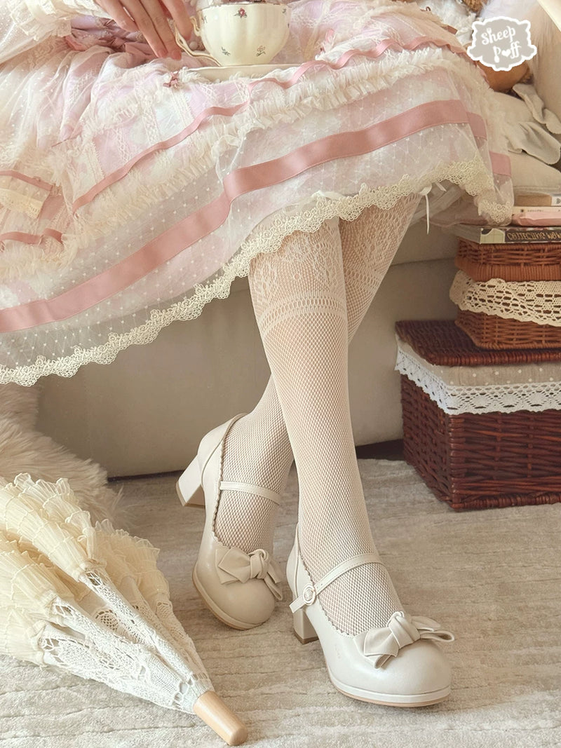 Sheep Puff elegant bow mid heel Lolita shoes featuring a soft sheep puff design and stylish bow detail.