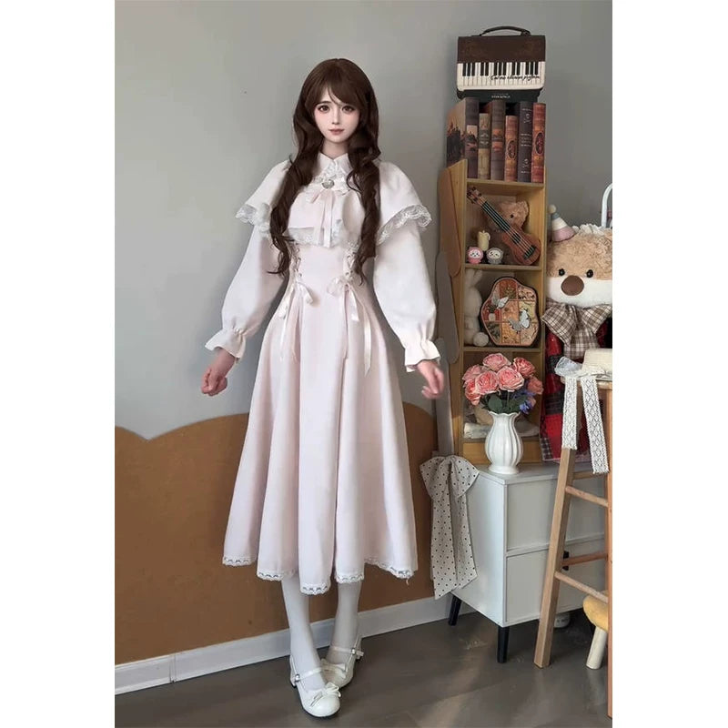 Creamy - Japanese Sweet Lace - Pink Lolita Dress with a Lace-Trimmed Bow Cape Overlay