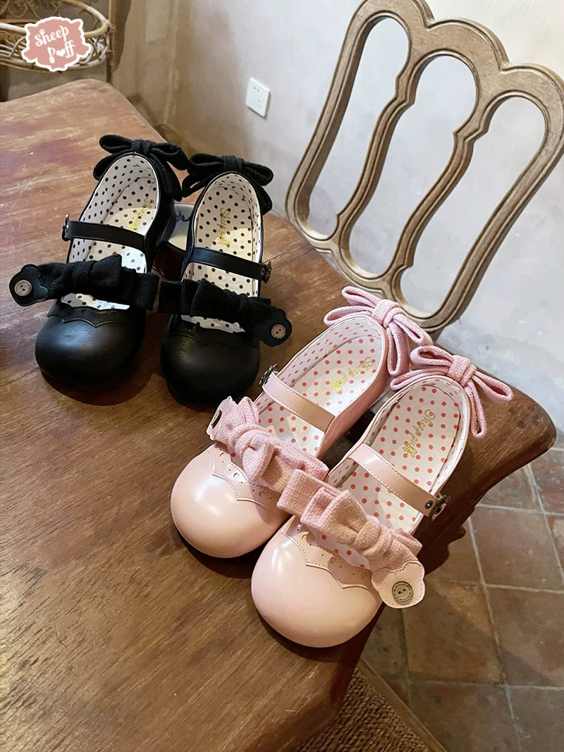 Sheep Puff Bear Room Lolita shoes featuring cute bear and puff detailing in soft pastel colors for a whimsical style.