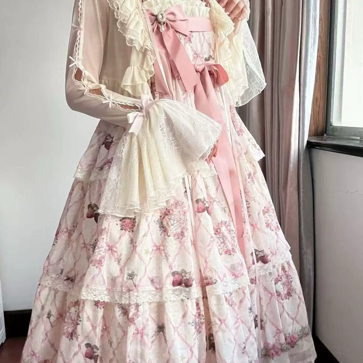 Sweetheart Dream Machine - Apricot Lace Bow - Ruffled Lace Cardigan