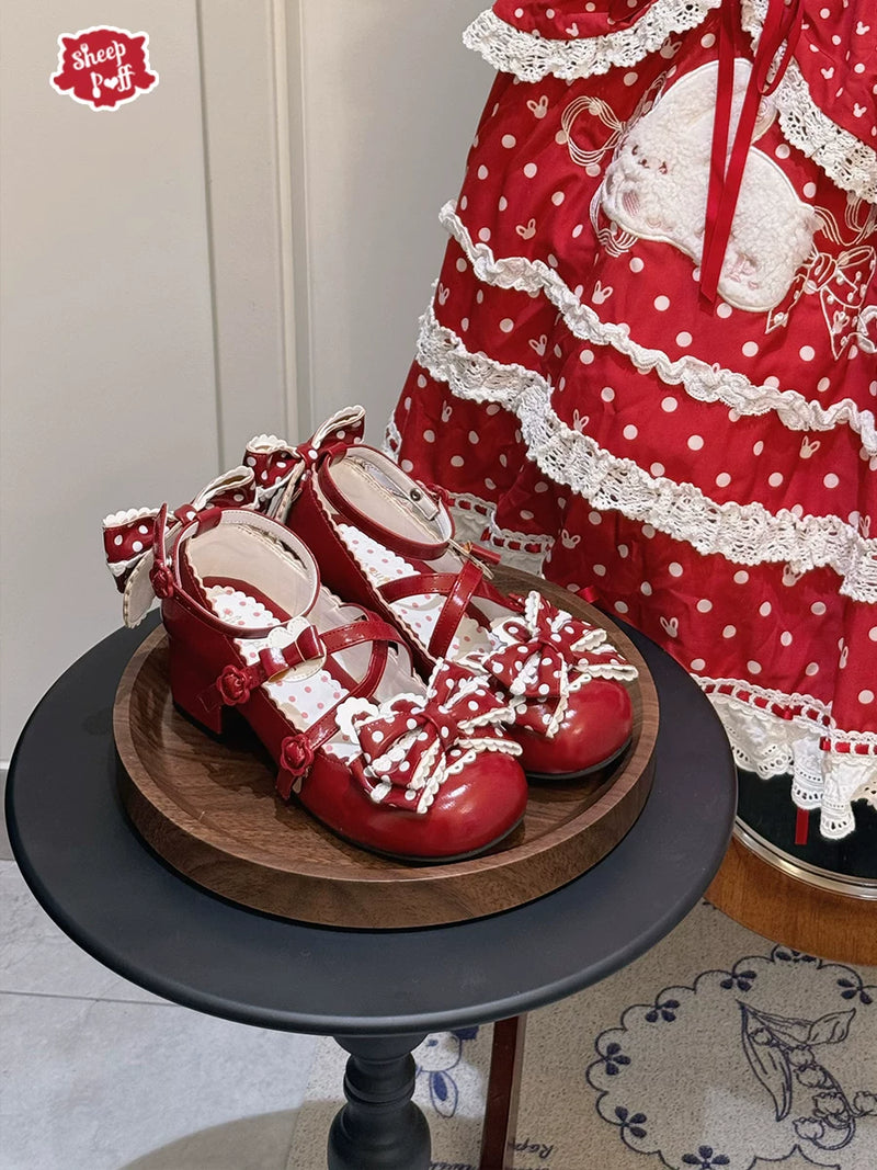Sheep Puff Bubble Bunny Lolita shoes with mid heel, featuring playful bunny and puff details in pastel colors.