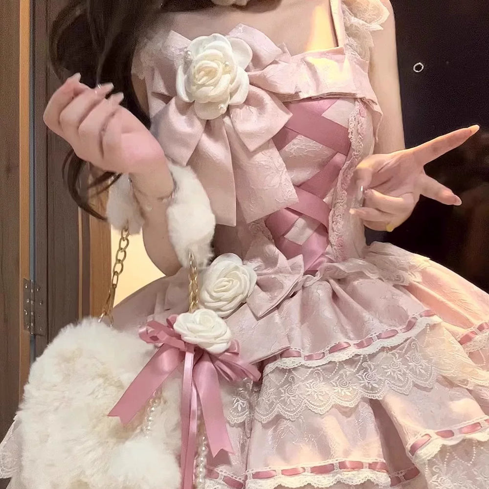 Classic raspberry cake colorway Lolita full set, including tiered dress, floral head ball, choker, and waist bow