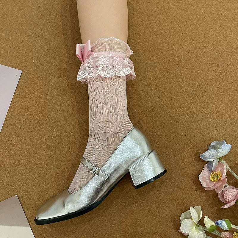 Sock Noble - Lace Ribbon - Bow-Trimmed Scrunch Socks with Lace Cuffs