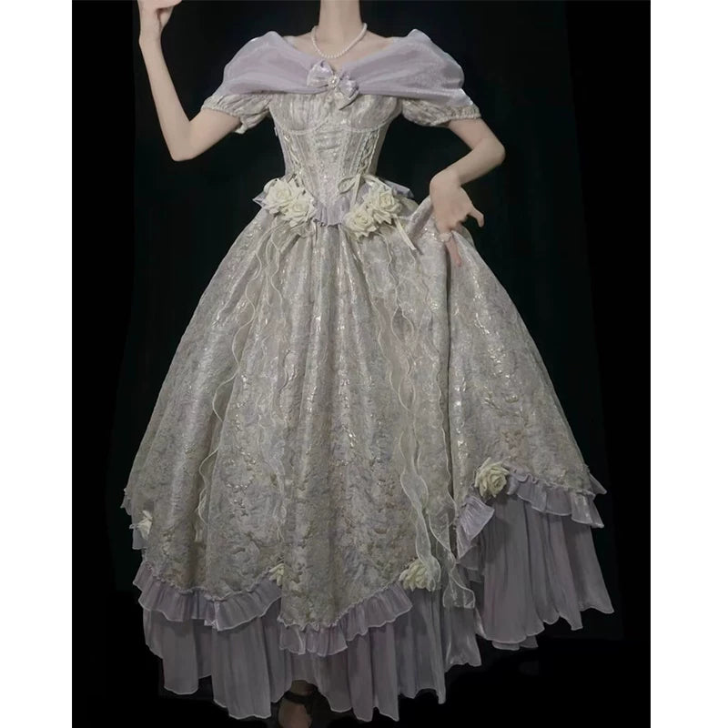 Flora Muse - Romantic Lolita Ballgown - Blue off-shoulder one-piece