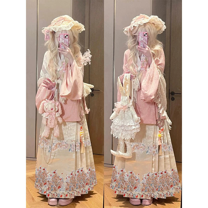 Creamy - Hanfu-Inspired Ensemble - Top, Mamian Skirt and Shawl
