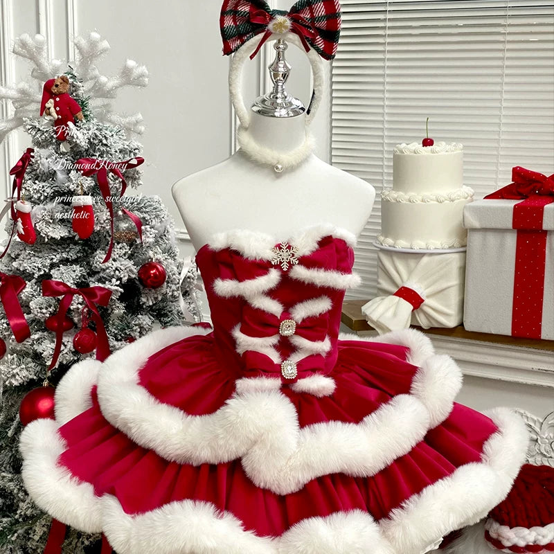 Festive Princess Dress & Angora Bunny Red Cape Options — Dress with Bow Only - Full Payment (Cape Not Included)