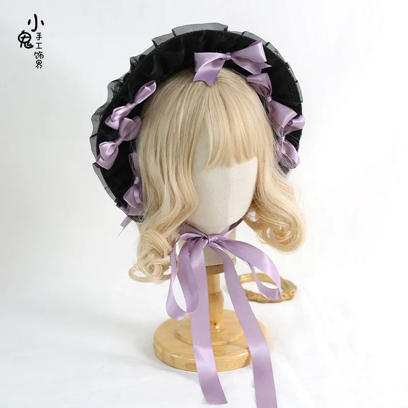 Xiaogui - Classic Lolita Lace Bonnet Hat - Detachable Bows Headwear