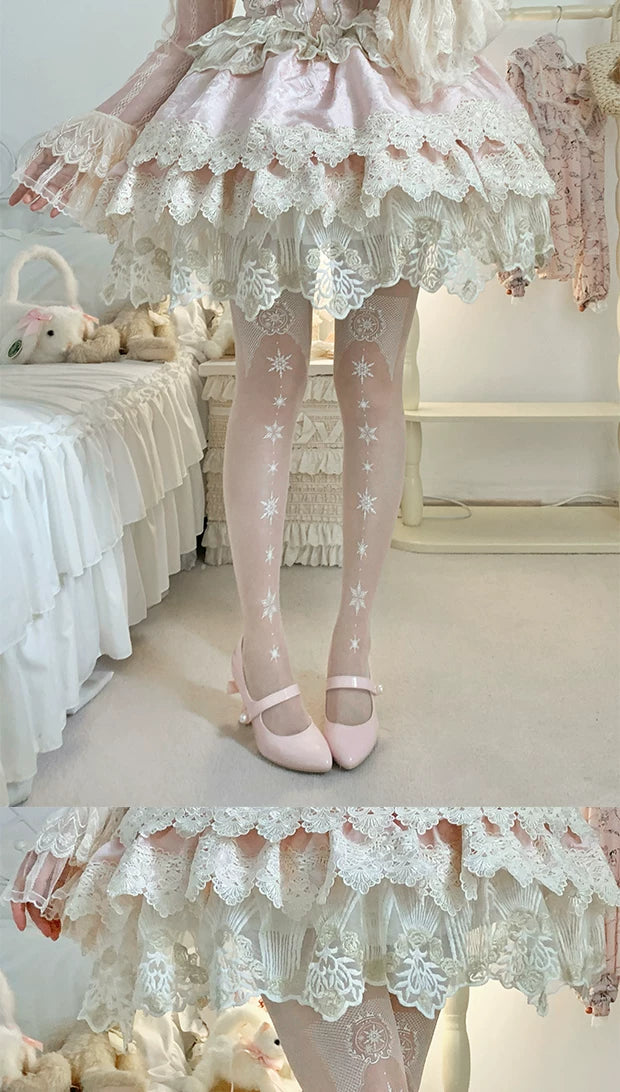 roji roji - Snowflake - Printed Pantyhose with White Snowflake Motifs