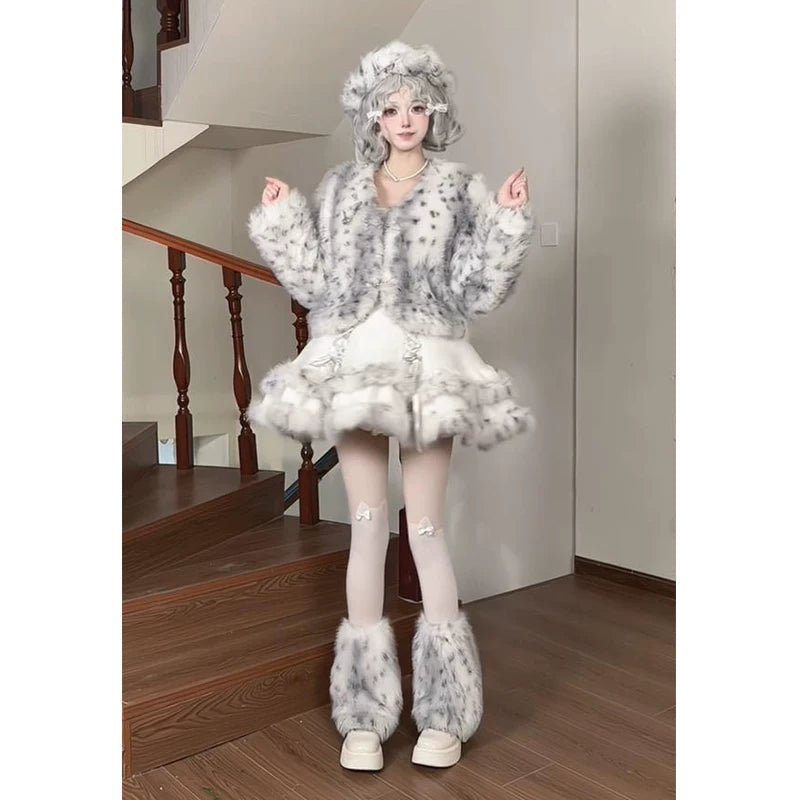 Creamy - Winter Fluffy Princess - Coat and Dress Set with Fluffy Trim