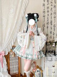 Qianmu - Little Herbalist - Han Lolita Skirt Outfit with Cross-collar Blouse and Apron - Grass Green Set (blouse + skirt + apron) / S