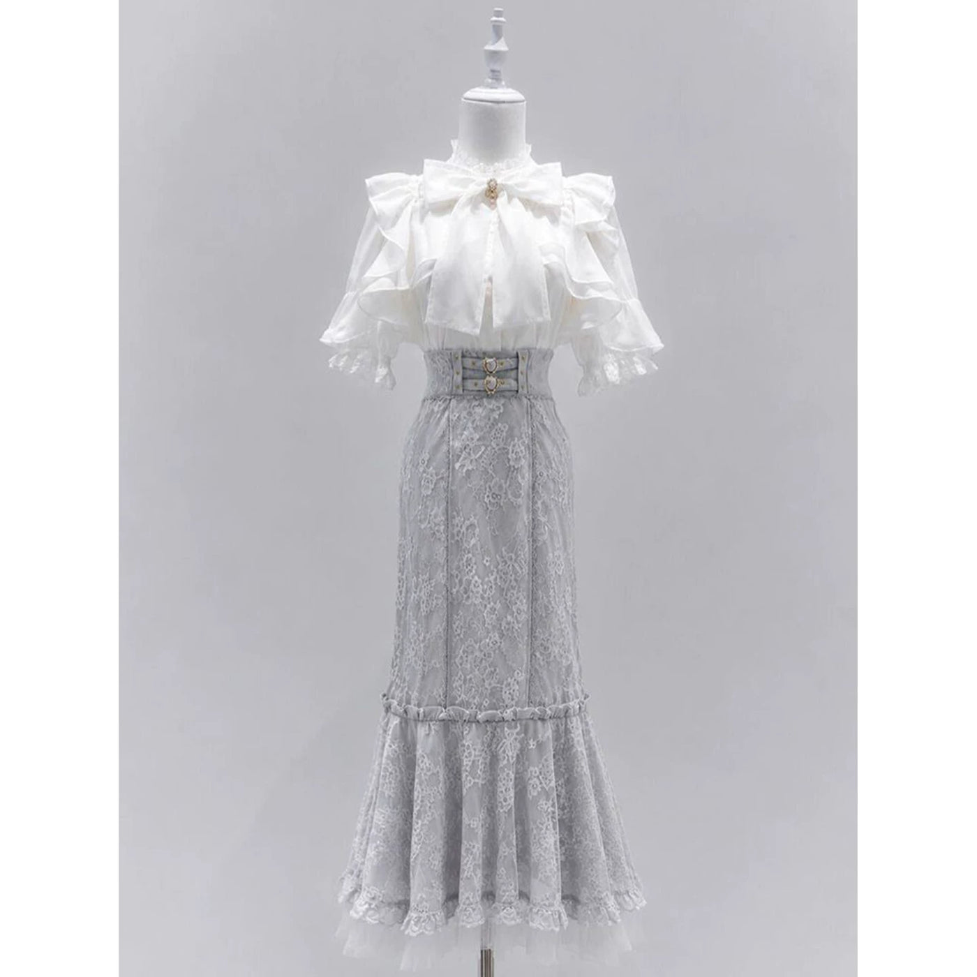 High-waisted Lolita fishtail skirt with silver-tone buckle belt and floral lace overlay