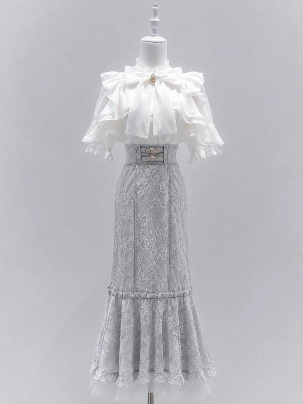 Classic Lolita white blouse and light blue fishtail skirt set with lace, bow, and brooch details