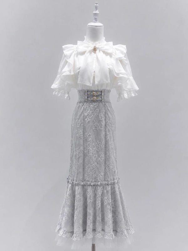 Classic Lolita white blouse and light blue fishtail skirt set with lace, bow, and brooch details