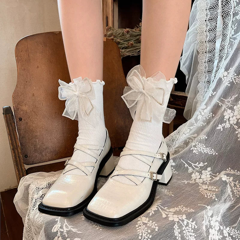 Sock Noble - Autumn Rhinestone Bow - Japanese School Mid-Calf Socks with Rhinestone-Trimmed Bows