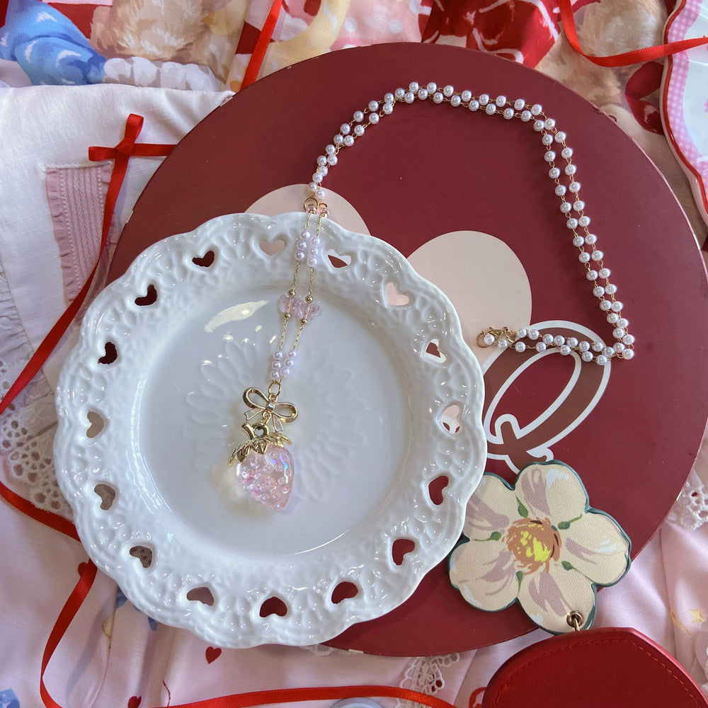Bear doll strawberry necklace with beaded chain, bow and leaf pendant