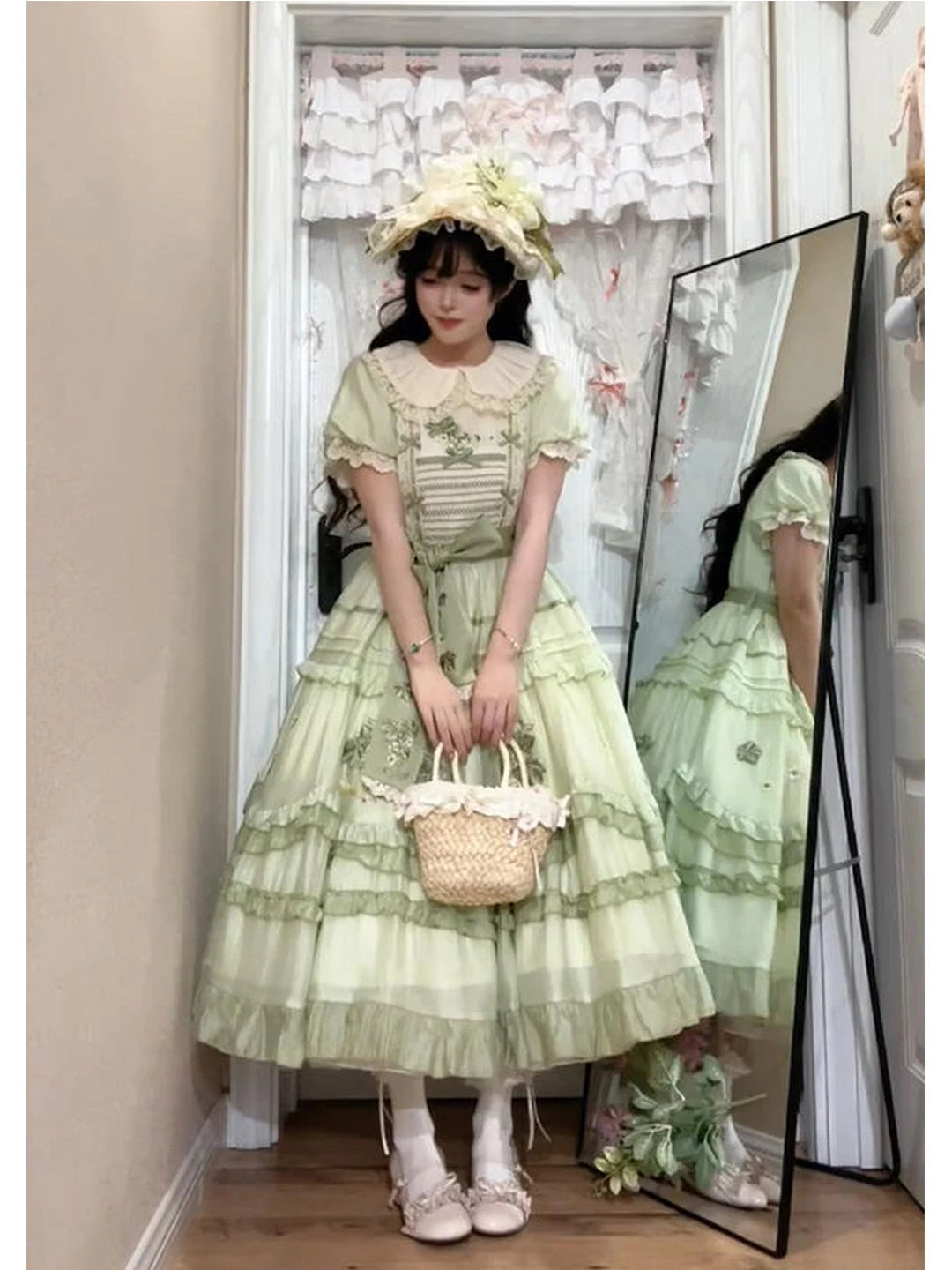 Creamy - Green Grape Embroidery - OP dress with a full tiered skirt