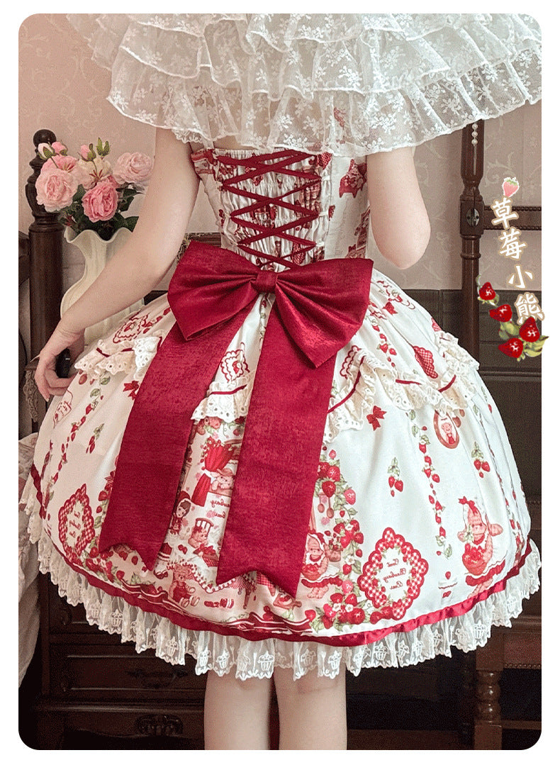 ZhiJinYuan - Strawberry Bear -  Strawberry Handle Printed Sweet Lolita JSK Dress - Lolita Fetch