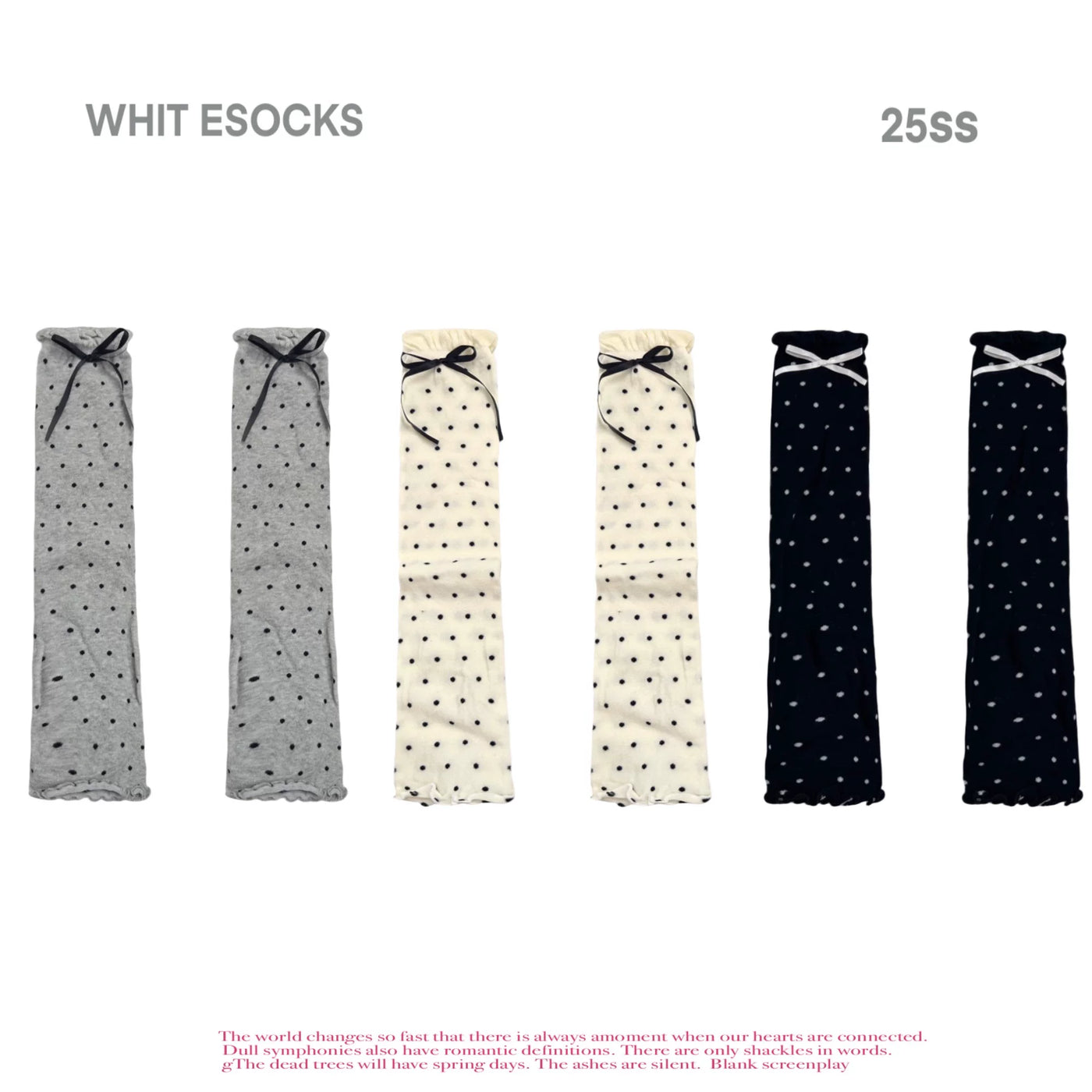 Cream ribbed knit socks with black polka dots, white floral lace cuff, and black satin bow accents