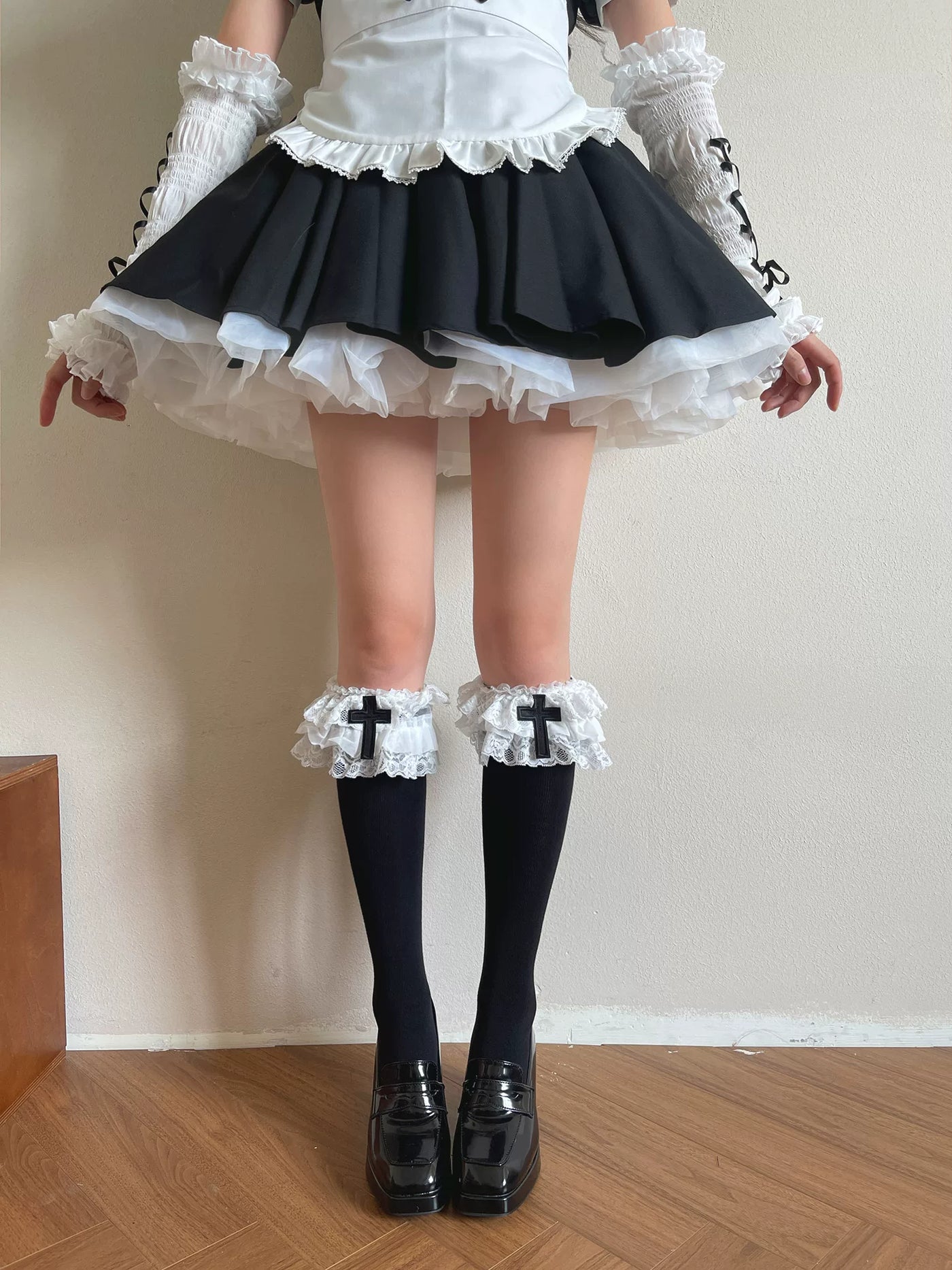 Sock Noble - Gothic Cross - Slouch Mid-Calf Socks with White Ruffle Trim