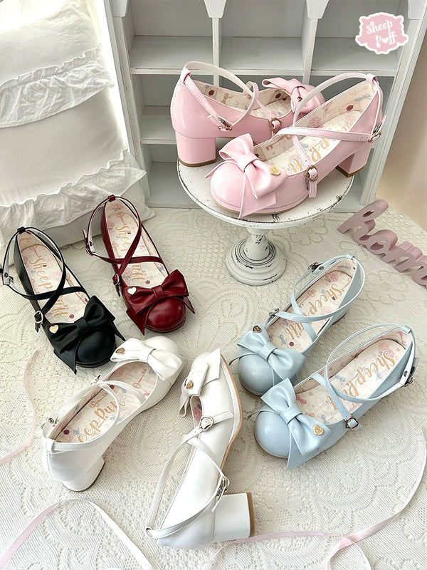 Sheep Puff Miss Fondant Lolita shoes with mid heel, featuring cute sheep puff decoration and pastel pink color.