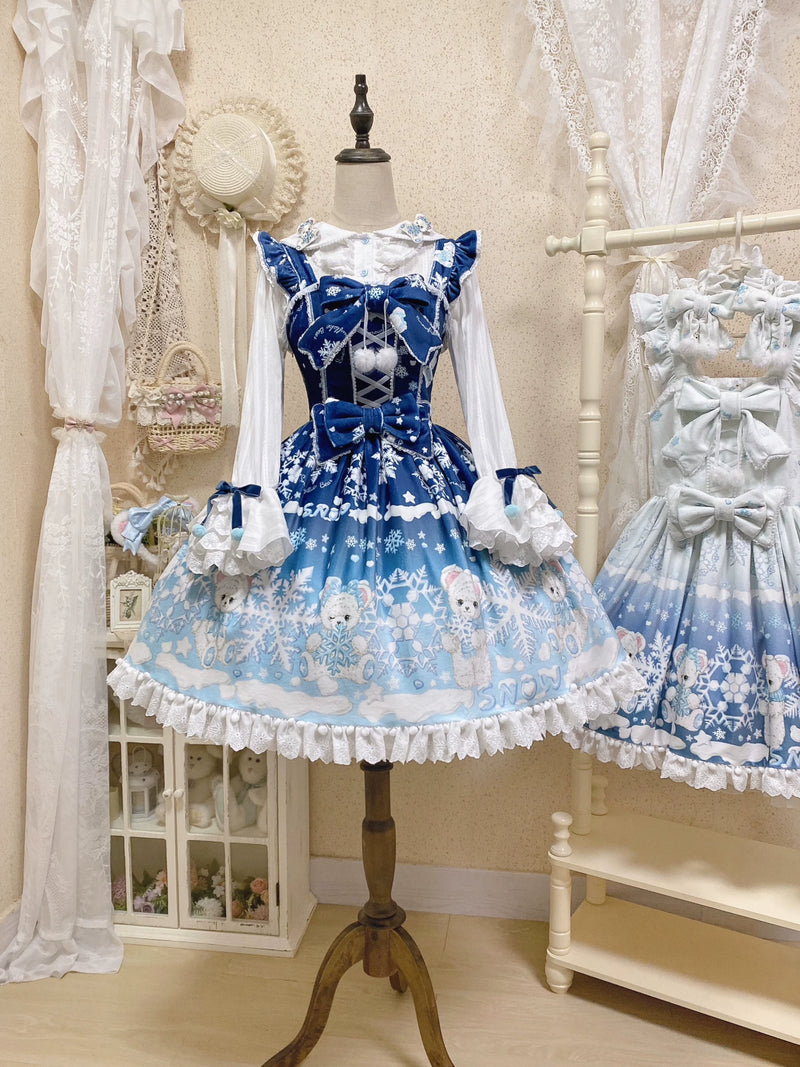 Snowflake Bear Lace-Trim Plush Lolita JSK — Navy & Blue JSK