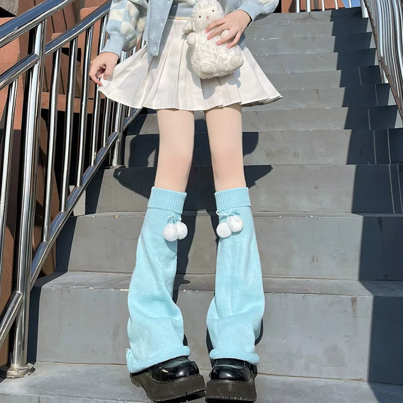 Floral Milk Cat - Winter Bow Knit - Scrunch Leg Warmers with Pom-Pom Detail