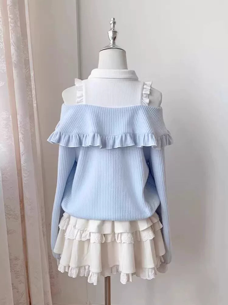 Creamy - Powder Blue Bow - Blue knit top and cream-apricot half-skirt set with an oversized bow
