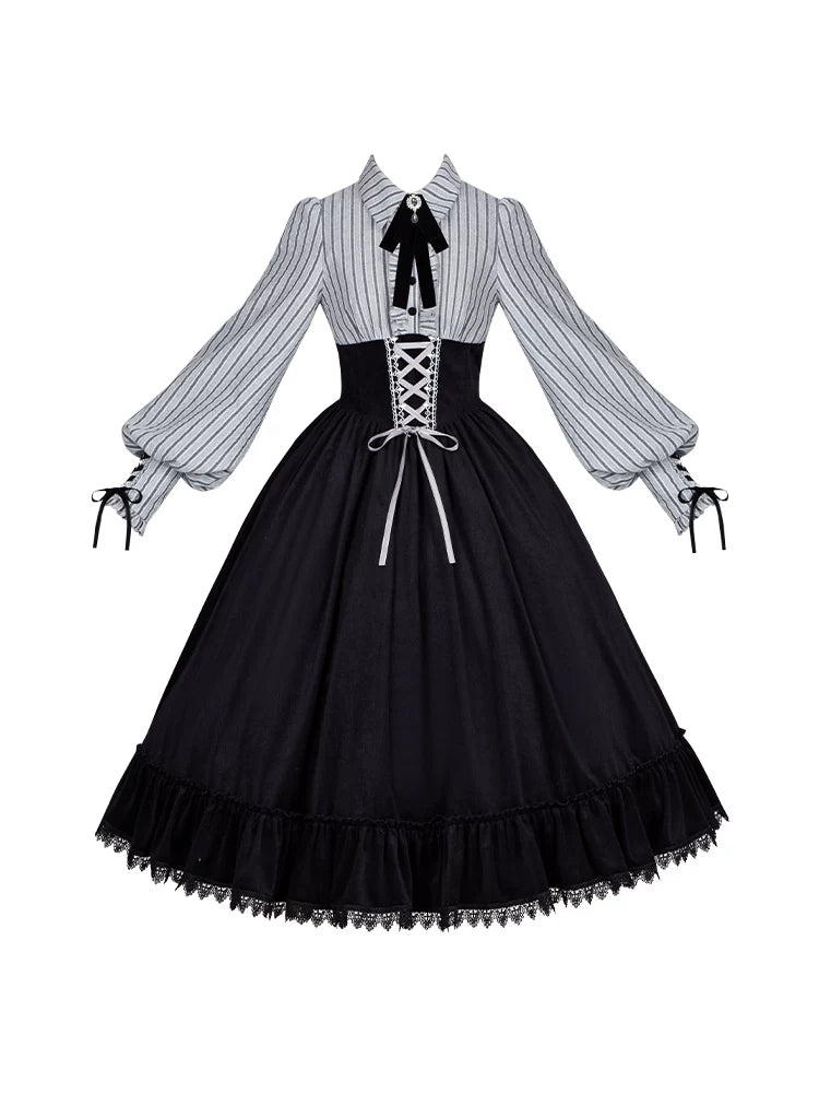 With PUJI - Dusk Moment - Classic Lolita Striped OP & Mermaid Dress Set, Fishbone Waist detail view 5