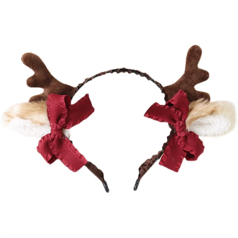Xiaogui - Christmas Sweet Red Lolita KC Cute Elk Antlers Headwear Dark Red Bow Antler KC