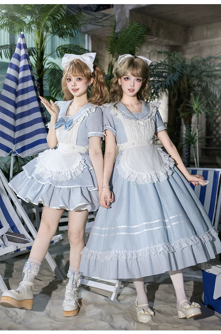 With PUJI - Seven-Day Bell - Blue Classic Lolita Striped OP Dress, Sailor Collar