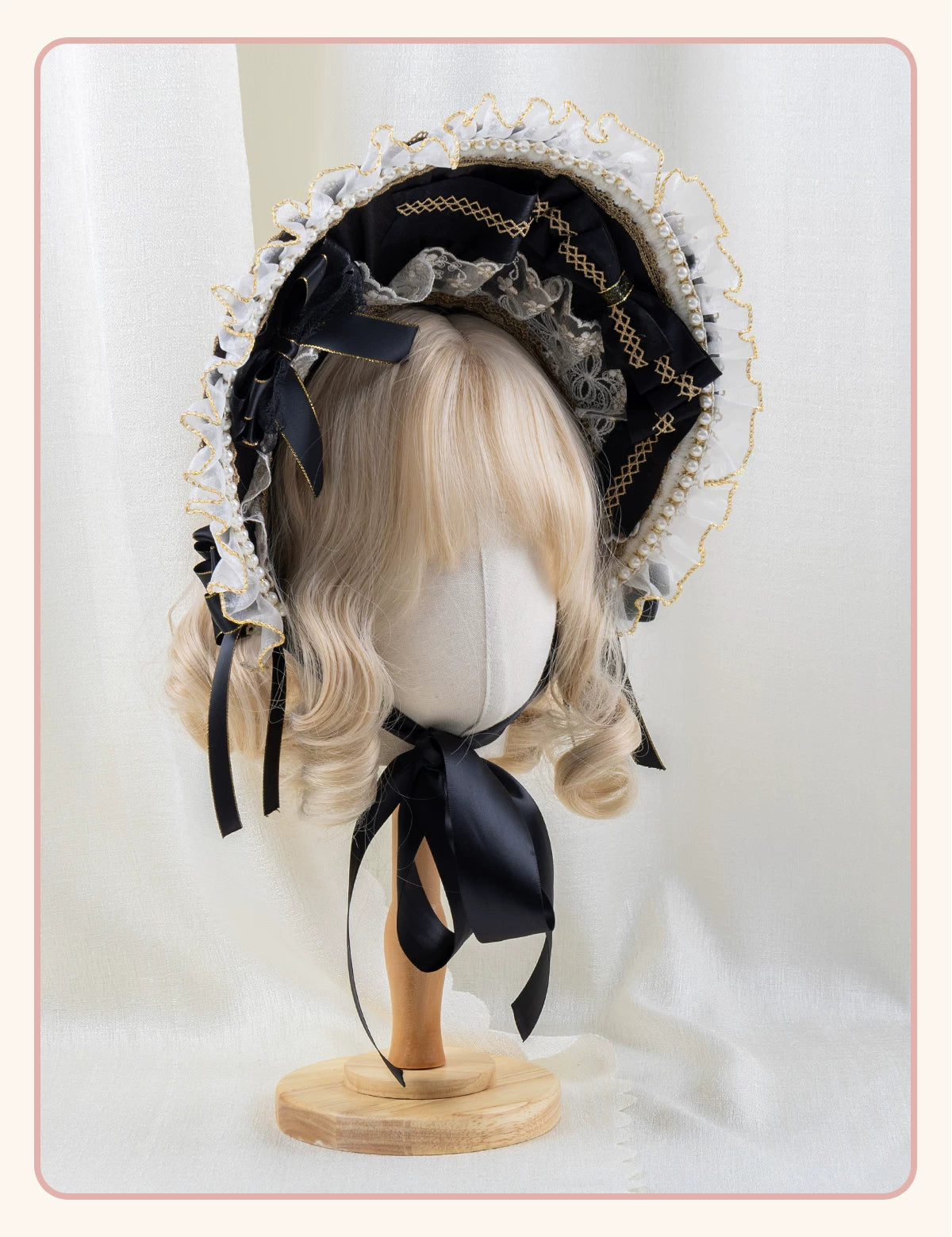 Stardust Rose - Night Banquet - Black-and-Gold Lolita Headwear with Lace and Bows