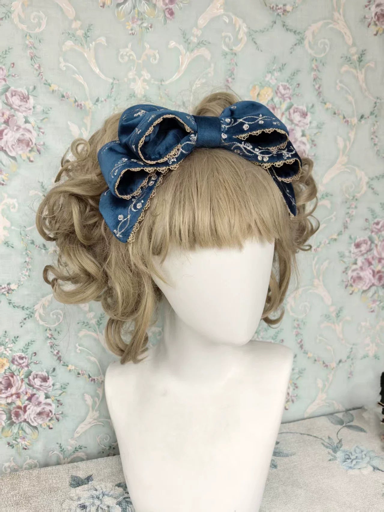 Cinderella - Velvet Classic Lolita JSK Dress, Princess Embroidery KC - Blue with Apricot Embroidery (one size / choose M) S