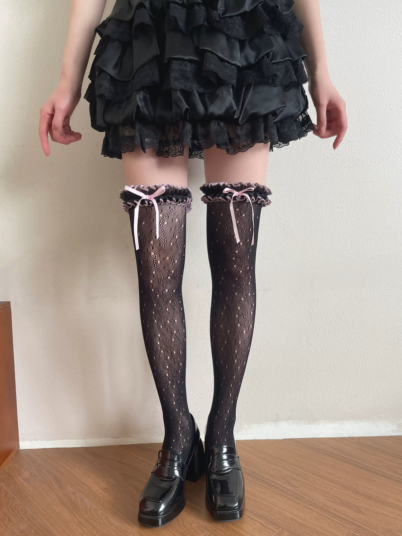 Sock Noble - Lace Mesh Ruffle - Over-the-knee socks with ruffled ribbon cuffs