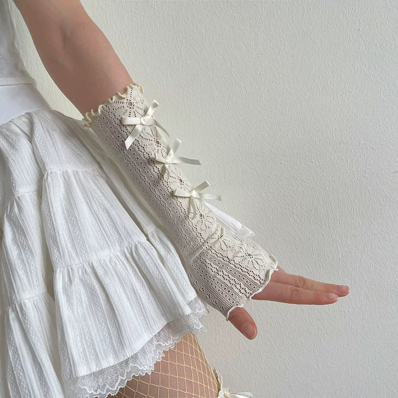 Sock Noble - Lace Bow Sleeves - Arm Sleeves with small bows and ruffled lace edges