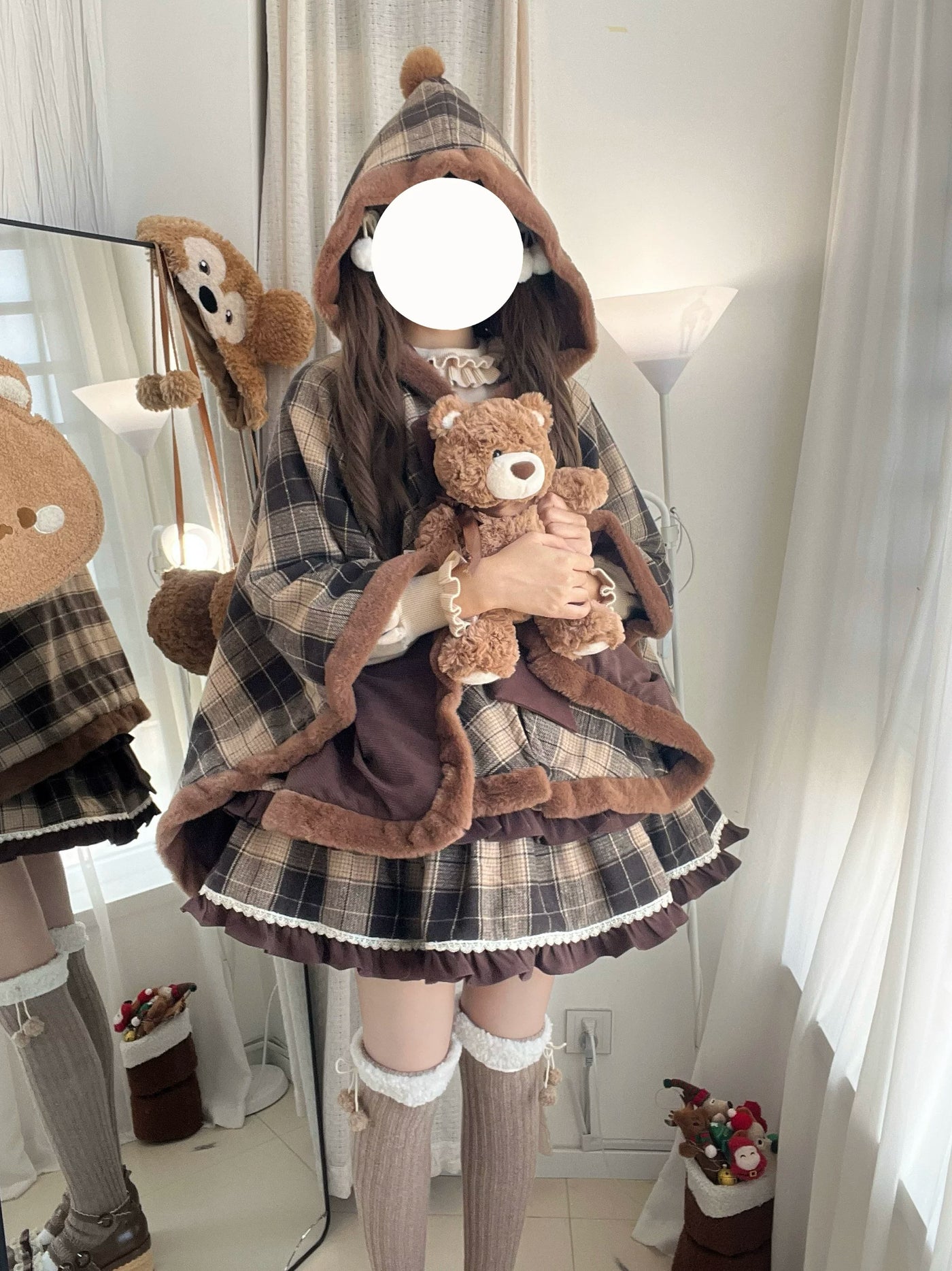 Thousand Wood - Waffle - Brown Plaid Cape with Contrast Trim