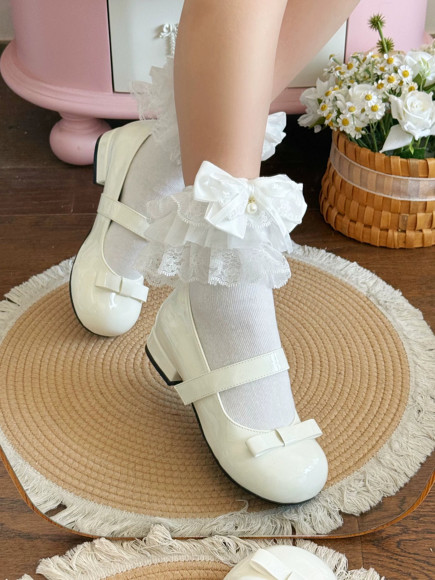 Fantasy Doll - Pearl Bow Lace - Mid-Calf Socks with Lace Ruffles