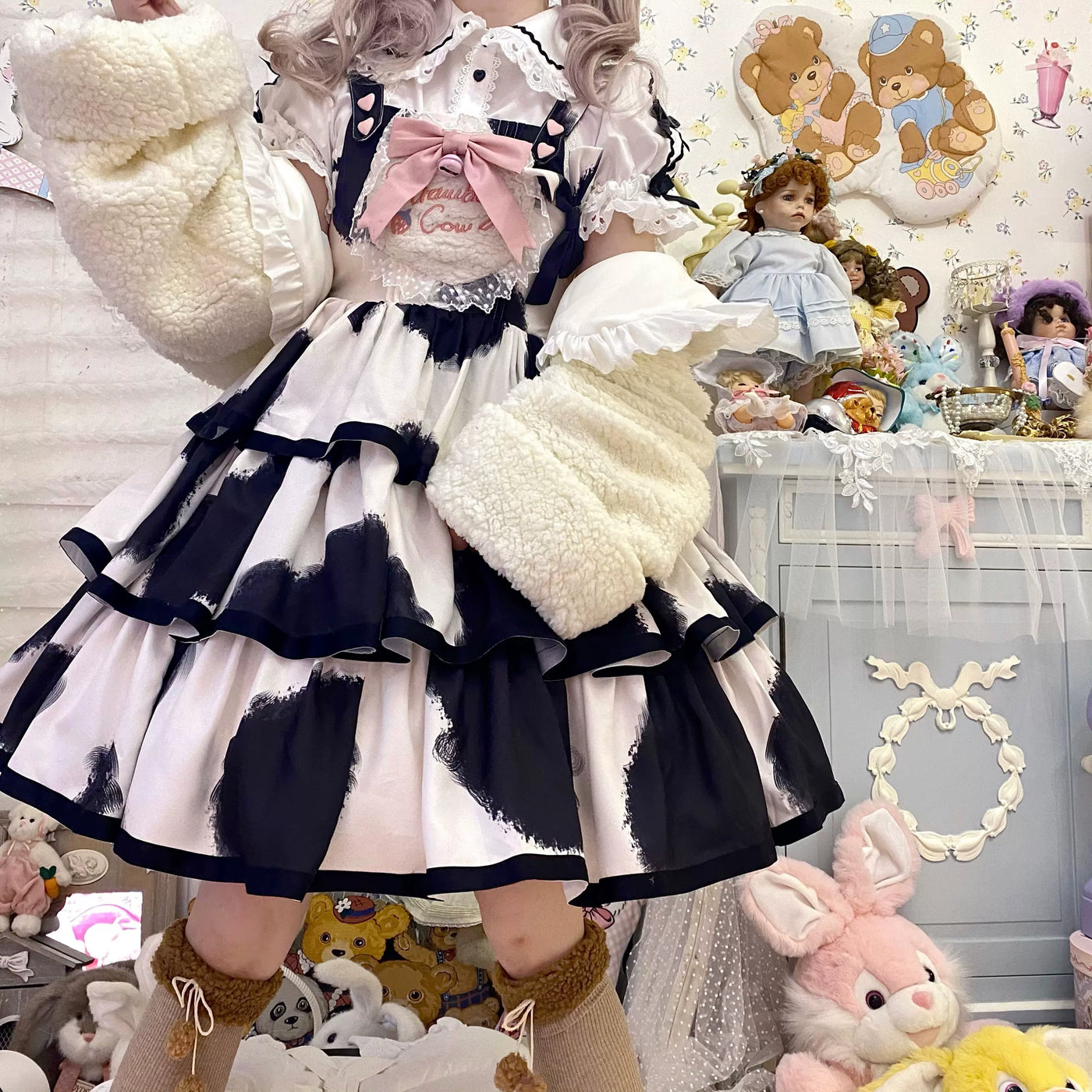 Tata Long Ear - Milk Cake Cow Print - Cow-Print JSK Dress with Three-Section Skirt