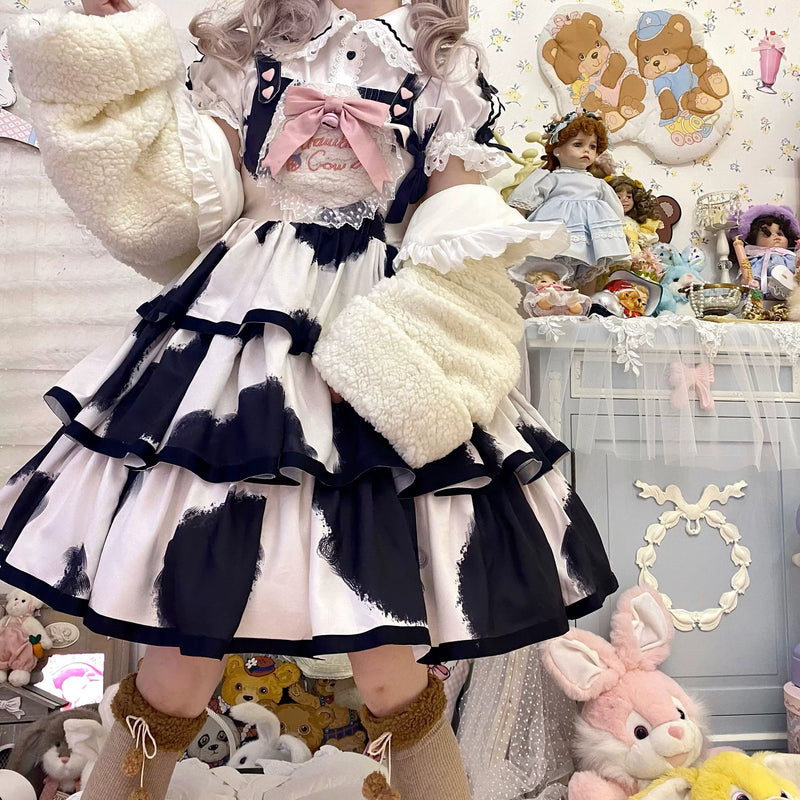 Tata Long Ear - Milk Cake Cow Print - Cow-Print JSK Dress with Three-Section Skirt