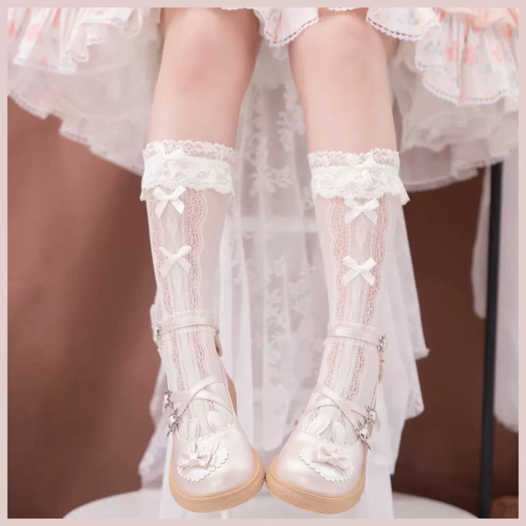 Fantasy Doll - Ribbon Lace - Mid-Calf Socks with Gathered Lace Cuffs